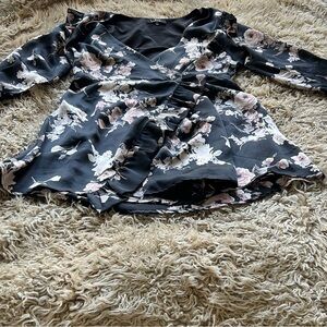 Lulu's Black and Pink Floral Wrap Blouse